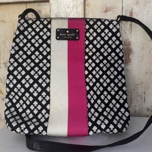 Kate Spade Black Leather Trimmed Crossbody Pink White Stripes Coastal Core Bag
